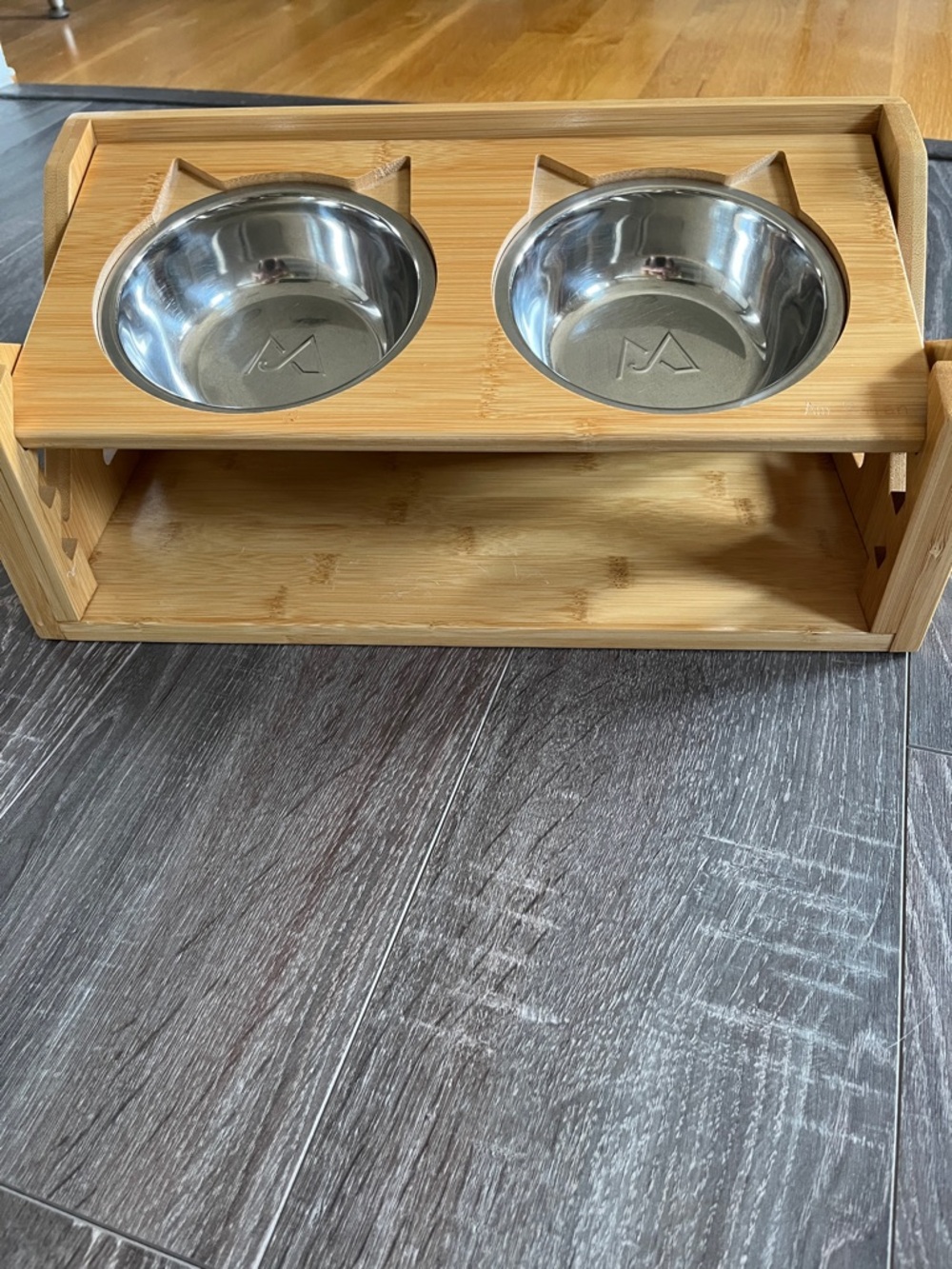 Wood and Double Stainless Steel Cat and Small Dog Adjustable Tilted Bowl - Picture 3 of 4